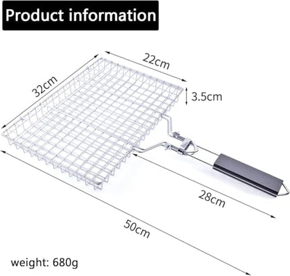 BBQ Grill Basket, 430 Food Grade Stainless Steel Lockable Fish Grill Basket with Removable Handle, Portable Grilling Rack for Whole Fish, Steak, Shrimp and Vegetables, Outdoor Camping Barbecue