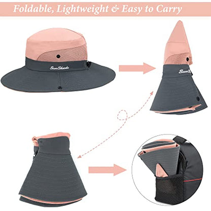 Sun Hat for Women Summer UV Protection Beach Hat Wide Brim Mesh Bucket Fishing Hat with Ponytail Hole Foldable Packable Hat - color: Pink(with Ponytail Hole)