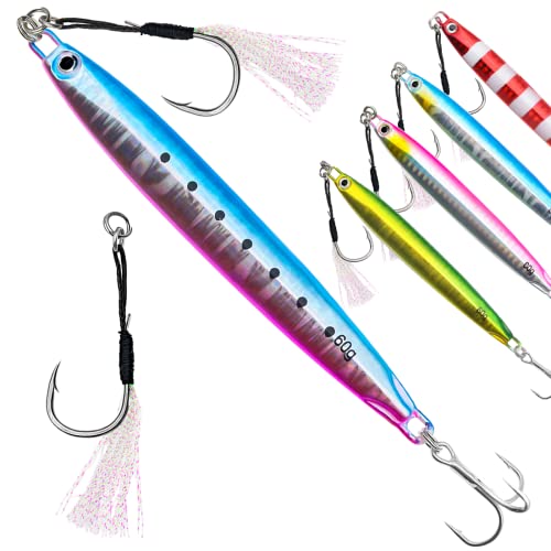 Fishing Jigs Vertical Saltwater Jigs Vertical Jigging Spoon Fishing Tuna Lures Boat Fishing Artificial Lures for Tuna, Grouper, Dogtooth, Snapper, Bass, Salmon/60g, 80g,120g - color: 5pcs（60g）-multicoloured