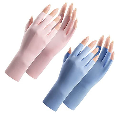 Women Fingerless Gloves Summer UV Protection Gloves Cool Ice Silky Sun Block Driving Unisex - color: Pink+blue