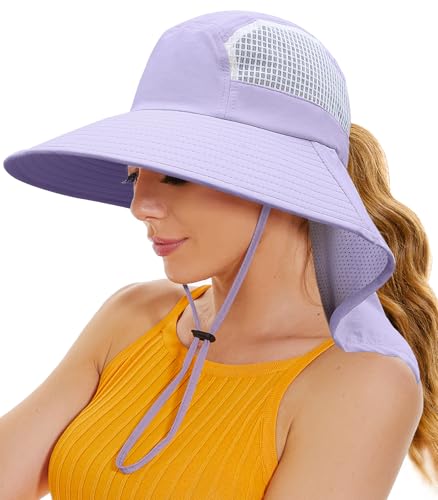 Sun Hats for Women UV Protection with Neck Flap Wide Brim Beach Hats with Ponytail Hole for Hiking Fishing Gardening Travel - color: Light Purple