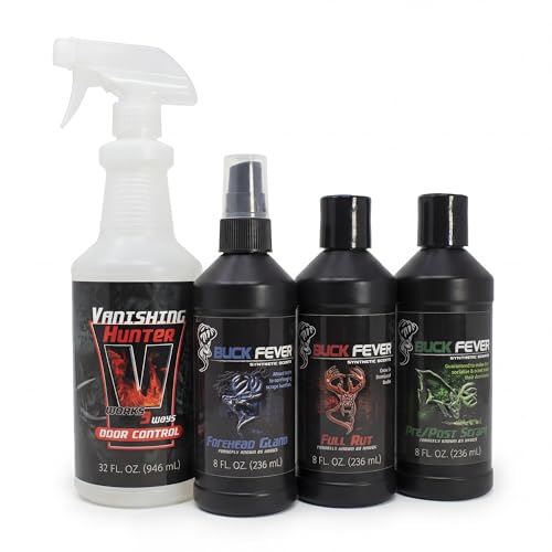 Buck Fever Synthetic Buck Lure Pro Pack – Synthetically Formulated 4-Piece Deer Scent Attractant Combo w/ Vanishing Hunter 32 oz, Rut Scents 8 oz & Forehead Gland 8 oz - Fresh, Non Spoiling Deer Lure