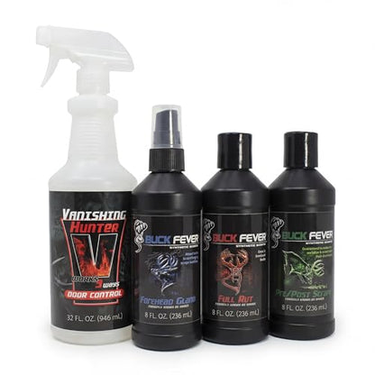 Buck Fever Synthetic Buck Lure Pro Pack – Synthetically Formulated 4-Piece Deer Scent Attractant Combo w/ Vanishing Hunter 32 oz, Rut Scents 8 oz & Forehead Gland 8 oz - Fresh, Non Spoiling Deer Lure
