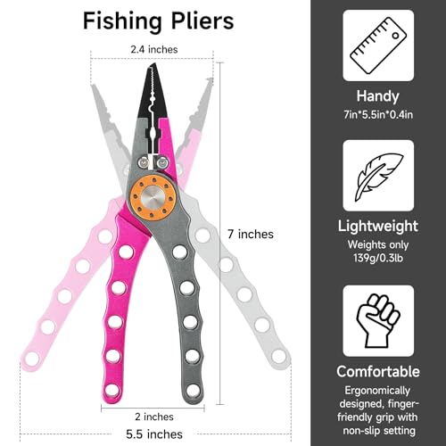 SANLIKE Aluminum Fishing Pliers Hook Remover Tungsten Carbide Braid Cutters | Tungsten Carbide Cutters Saltwater Resistant with Coiled Lanyard & Sheath - color: Pink