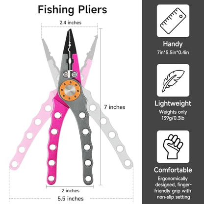 SANLIKE Aluminum Fishing Pliers Hook Remover Tungsten Carbide Braid Cutters | Tungsten Carbide Cutters Saltwater Resistant with Coiled Lanyard & Sheath - color: Pink