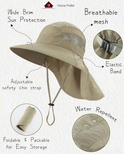 Home Prefer UPF50 Wide Brim Kids Sun Hat Neck Flap Boys Girls Sun Protection Hat for Beach Fishing - color: Khaki, size: 2-4T