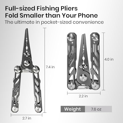 Pristis Foldable Fishing Pliers with Multitools, Saltwater Resistant Titanium Coated Stainless Steel, Portable Full-Sized Forceps with Tungsten Line Cutter, Ring Splitter, Hook Remover and Multi Tool