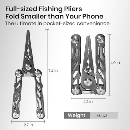 Pristis Foldable Fishing Pliers with Multitools, Saltwater Resistant Titanium Coated Stainless Steel, Portable Full-Sized Forceps with Tungsten Line Cutter, Ring Splitter, Hook Remover and Multi Tool