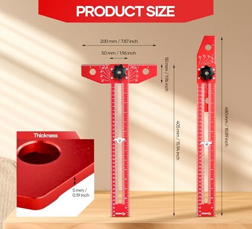 Saker Woodworking Scriber Marking Line Ruler, Adjustable Aluminum Alloy Sliding T-Square Ruler,Precision Line Drawing aid Ruler with Angle Adjustment Scale - color: Red