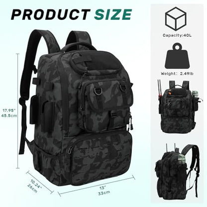 Pyrrhus 40L Fishing Backpack with Rod Holders & Insulated Cooler Compartment, Camping Cooler Tackle Storage for Anglers
