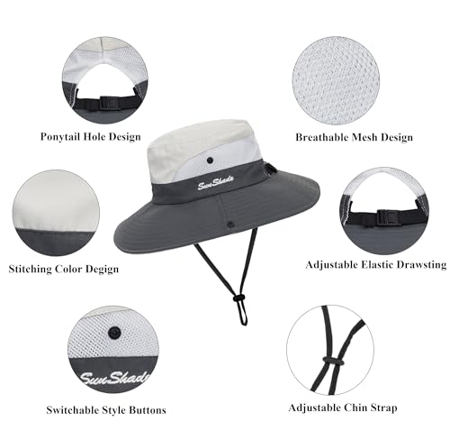 Sun Hat for Women Summer UV Protection Beach Hat Wide Brim Mesh Bucket Fishing Hat with Ponytail Hole Foldable Packable Hat - color: Beige Grey(with Ponytail Hole)