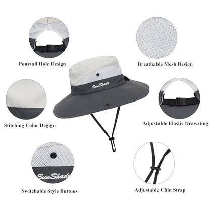 Sun Hat for Women Summer UV Protection Beach Hat Wide Brim Mesh Bucket Fishing Hat with Ponytail Hole Foldable Packable Hat - color: Beige Grey(with Ponytail Hole)