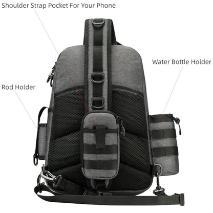 22L Wading Fishing Tackle Sling Bag, Holds 3x 3700 Boxes, Grey | Hands Free Lure Casting, Large Crossbody Shoulder Backpack with Rod Holder, Water Bottle Holder, 12 Heavy Duty D Rings - color: Grey