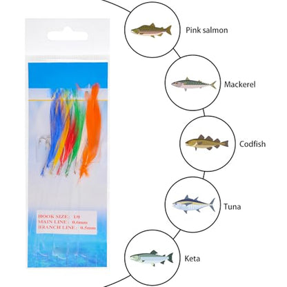 Fishing Bait Rigs 8 Packs Fishing Rigs with 48 Hooks Mackerel Feather Rig | Surf Fishing Rigs with Feather Sharp Hooks for Mackerel, Pollock, Cod, Bass Freshwater Saltwater