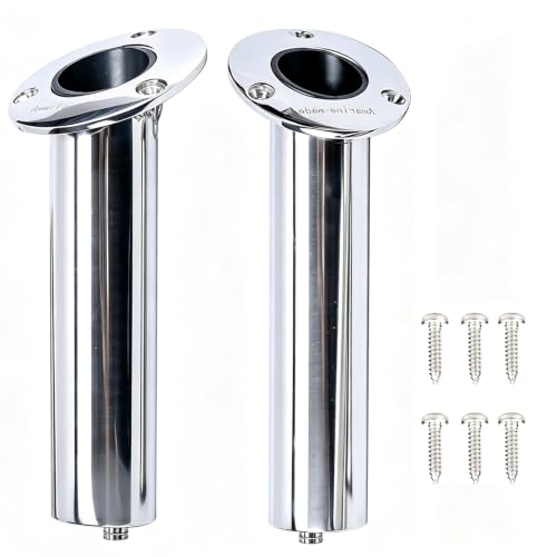 (Set of 2) Amarine-Made Heavy Duty Stainless Steel 316 Deluxe Rod Holders with Drain, Flush Mount Fishing Rod Pole Holders, 30 Degree | Polished Heavy Duty Stainless Steel, Directed Drain Prevents Boat Hull Water Damage, Long Service Life, Low Replacement