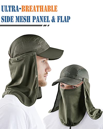 Outdoor Sun Hat for Men Women UPF 50+ Fishing UV Hat with Neck Flap Face Cover for Sun Protection - color: Army Green-regular Brim