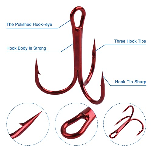 Fishing Treble Hooks Kit,190pcs High Carbon Steel Strong Sharp Treble Hooks Round Bend with Split Rings Triple Hook for Lures Baits Saltwater Freshwater Fishing Gear - color: Red Mixed