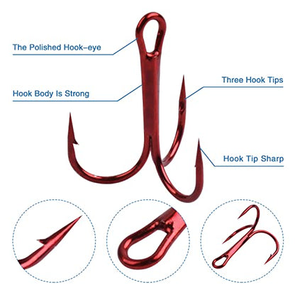 Fishing Treble Hooks Kit,190pcs High Carbon Steel Strong Sharp Treble Hooks Round Bend with Split Rings Triple Hook for Lures Baits Saltwater Freshwater Fishing Gear - color: Red Mixed