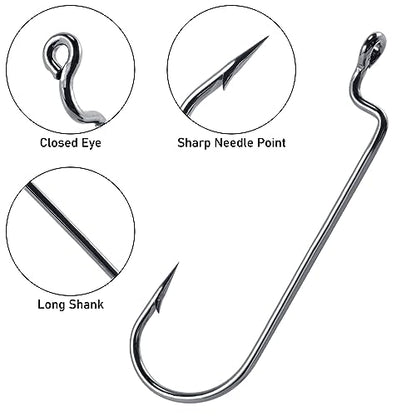 Dr.Fish 100 Pack Round Bend Worm Hooks, Freshwater Bass Fishing EWG Hooks, Carolina Rig/Texas Rig - size: #2/0-100Pack