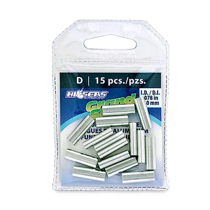 HI-SEAS Grand Slam Aluminum Fishing Line Crimp Sleeves - Retail Pack, Durable and Strong Crimps for Monofilament 40lb Test up to 600lb Test for Saltwater Fishing Leaders - style: 15 Pc/2.0 Mm Inside Diameter