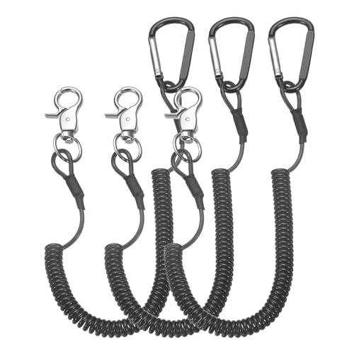 PATIKIL Fishing Lanyard, (59.06" Length, Black) (3Pcs), Retractable Coiled Tether Anti-Lost Rope Coiled with Carabiners and 360° Rotatable Hook, Suit for - Fishing/Hunting/Hiking/Boating - color: Black, size: 59.06"