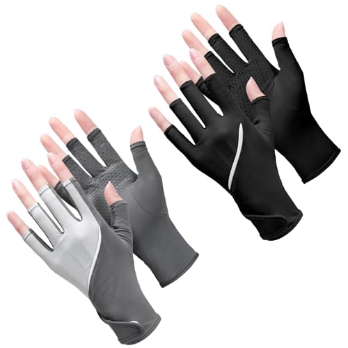 Loopeer 2 Pair Women Sunblock Fingerless Gloves UV Sun Protection UPF 50+ Non Slip Touchscreen Gloves for Summer Driving Manicures - color: Gray, Black