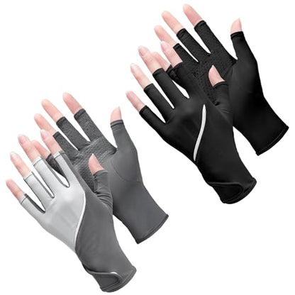 Loopeer 2 Pair Women Sunblock Fingerless Gloves UV Sun Protection UPF 50+ Non Slip Touchscreen Gloves for Summer Driving Manicures - color: Gray, Black