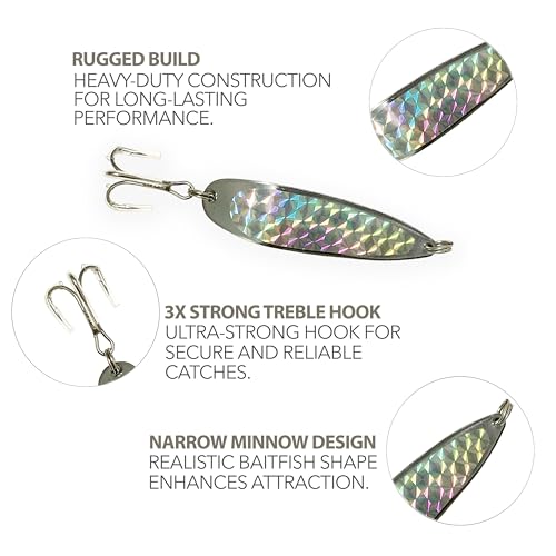 Crocodile Spoon Fishing Lures 2oz, 6 Pcs Silver Finish with 3X Strong Mustad Treble Hooks for Saltwater & Freshwater Fishing, Includes Durable Hook Set, Ideal for Tuna, & More