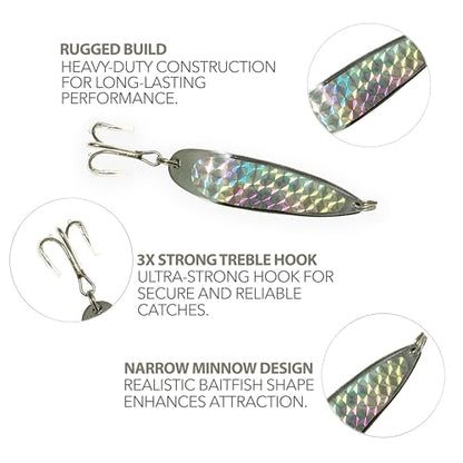 Crocodile Spoon Fishing Lures 2oz, 6 Pcs Silver Finish with 3X Strong Mustad Treble Hooks for Saltwater & Freshwater Fishing, Includes Durable Hook Set, Ideal for Tuna, & More