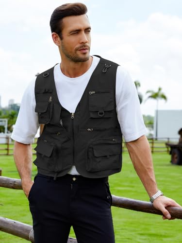 Gihuo Mens Fishing Vest Lightweight Utility Vests Cargo Outdoor Safari Travel Vest with Pockets - color: Black, size: Small