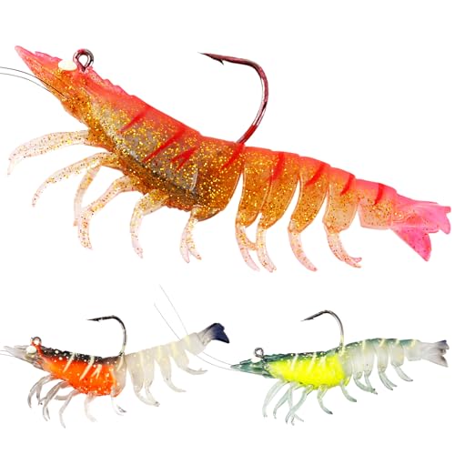3Pcs Shrimp Fishing Lures for Saltwater and Freshwater Soft Bait Pre-Rigged Glow Eyes Lifelike Silicone Prawn Jig for Bass Trout Redfish Flounder Crappie Snook Walleye Fishing - color: 3 in 3pcs