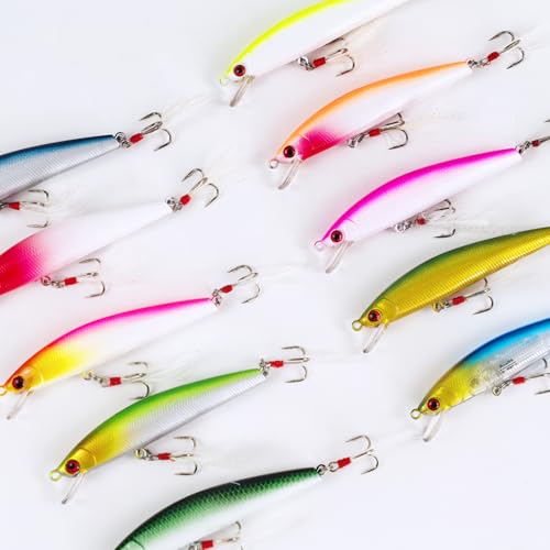 10Pcs Fishing Lures Minnow Bass Lure Jerkbait Topwater Hard Baits with Double Treble Hooks Flasher Feathers for Bass Trout Walleye Redfish Saltwater Freshwater 3.4in/0.3oz
