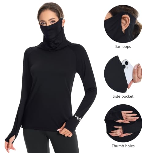 BASSDASH Women’s UPF 50+ Hoodie Shirt with Breathable Face Mask - color: Black, size: X-Large