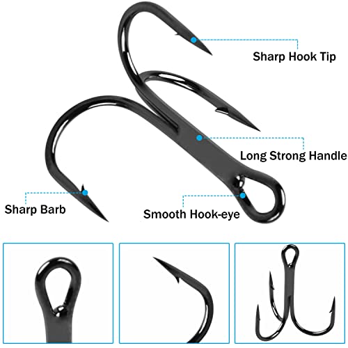 Fishing Treble Hooks Kit High Carbon Steel Treble Fishing Hooks Ring Set Strong Sharp Round Bend for Trout Bass Catfish Lures Baits Freshwater Saltwater