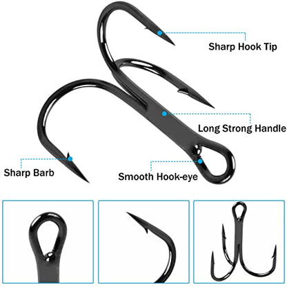 Fishing Treble Hooks Kit High Carbon Steel Treble Fishing Hooks Ring Set Strong Sharp Round Bend for Trout Bass Catfish Lures Baits Freshwater Saltwater