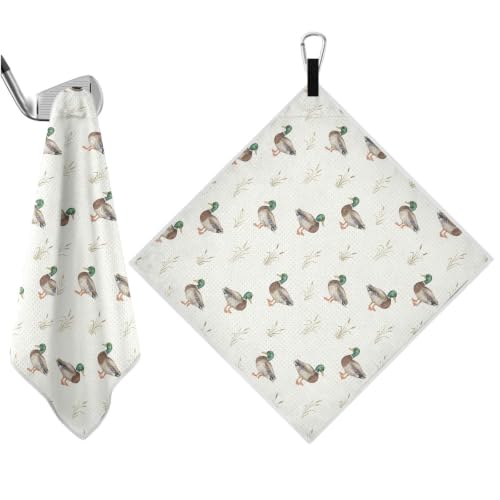 Mallard Duck Beige Print Magnetic Golf Towel for Men, 17.7x17.7in Golf Bag Towel with Carabiner Clip & Hidden Magnet, Heavy Duty Golf Club Cleaner - color: Mallard Duck Beige