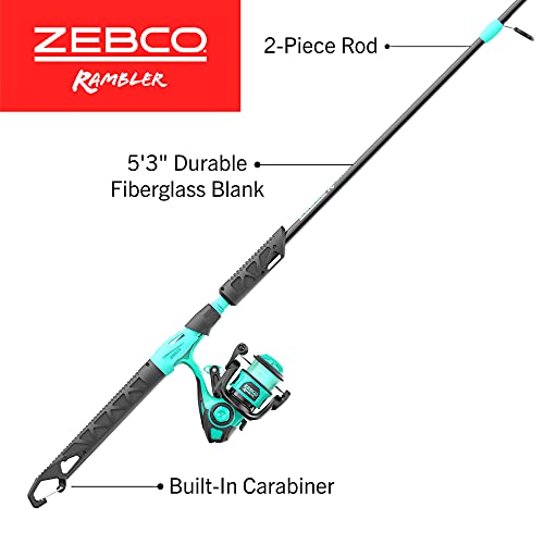 Zebco Rambler Fishing Reel and Rod Combo, Durable Fiberglass Rod with Built-in Carabiner, Patented No-Tangle Reel, Pre-Spooled with 8-Pound Zebco Fishing Line - style: Spinning Reel - 2pc Rod