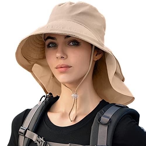 Womens Sun Hat UPF 50+ Wide Brim and Ponytail Hole, Hiking Safari Hat with Neck Flap… - color: Beige