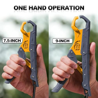 SNAIL TRAIL 7.5'' Floating Fish Gripper, Fishing Grabber | Catfish Mouth Pliers, Caught Bass Holder, Fish Scale Hook Clamp, Saltwater Lip Grip Tool with Lanyard, Gifts for Men - color: Gray-yellow