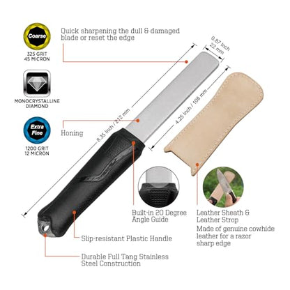 SHARPAL 127N Dual-Grit Diamond Sharpening Stone File | Garden Tool Knife Sharpener Coarse 325 / Extra Fine 1200 Grit, For Lawn Mower Blade, Axe, Hatchet, Hedge Shears - style: Sturdy Handle with Leather Strop