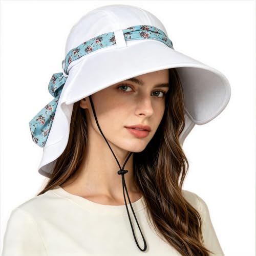 Solaris UPF 50+ Wide Brim Sun Hat for Women - Small Size Packable Lightweight, Floral Scarf Cooling Hat with Neck Flap - color: White-round