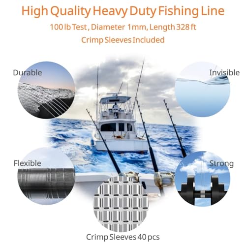 Aboda Clear Fishing Line 0.2-1 mm, Strong Invisible Nylon Fishing Wire 8-100 lb Test Includes Crimp Sleeves, Clear String for Hanging Decorations Balloons Garlands Beading Crafts & Jewelry - size: 1mm, 328ft, 100lb