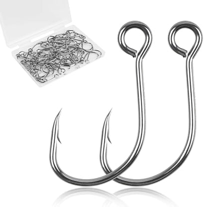 Fishing Inline Single Hooks - 60pcs/Box Single Replacement Hooks for Fishing Baits Lures Plugs Large Eye with Barbed for Saltwater Freshwater #4#2# 1# 1/0 2/0 - size: 1#-60pcs