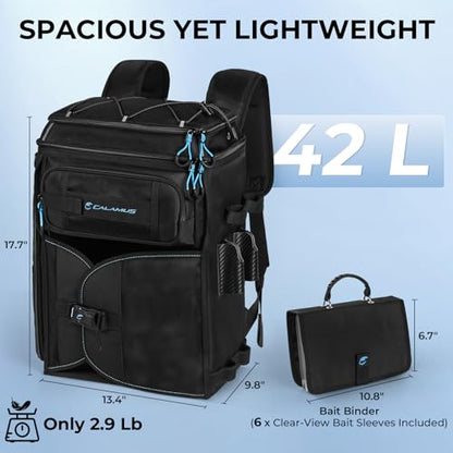 Calamus GearMaster Tackle Backpack with Bait Binder, Large Lightweight Water-Resistant Fishing Bag, Rod Holders, Food Storage - color: Black