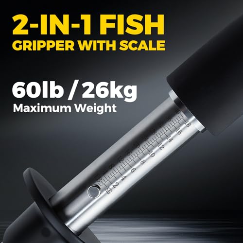 2-in-1 Fish Lip Gripper, 15.8" Stainless Steel Fish Gripper with Scale, 60lb Weighing Fish Grabber, 360° Non-Slip Swivel Handle, Tool for Saltwater & Freshwater - size: 15.8"