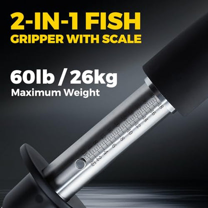 2-in-1 Fish Lip Gripper, 23.8" Stainless Steel Fish Gripper with Scale, 60lb Weighing Fish Grabber, 360° Non-Slip Swivel Handle, Tool for Saltwater & Freshwater - size: 23.8"
