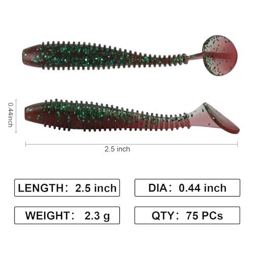 Paddle Tail Swimbaits, 2.5 inch/3inch Soft Lures Fishing Trout Crappie Bass for Freshwater and Saltwater 75PCS/60PCS - color: Wine Red Shiner, size: 2.5 inch, 75 PCs