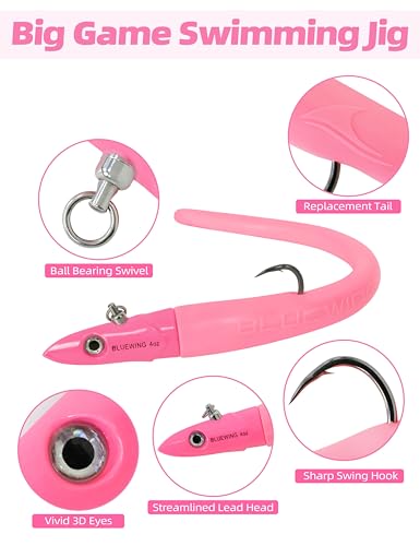 BLUEWING Jig Heads Saltwater 2oz,3oz,4oz,5oz,6oz,7oz Swimming Jigheads 1pc with High Carbon Steel Swing Hook and 6in/9in Replacement Tail Big Game Fishing Lures - color: Swimming Jig - Pink, size: 5oz Head - 6in Tail