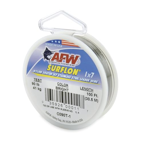American Fishing Wire Surflon Nylon Coated 1x7 Stainless Steel Wire Leader - Wire Fishing Leader Line for Saltwater 10lb Up To 250lb Test in Bright, Black, Camo in 30ft, 100ft, 300ft, & 1000ft Lengths - color: Bright, style: 100 Feet, 90 Pound Test