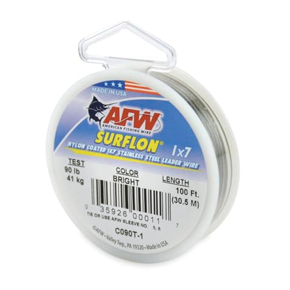 American Fishing Wire Surflon Nylon Coated 1x7 Stainless Steel Wire Leader - Wire Fishing Leader Line for Saltwater 10lb Up To 250lb Test in Bright, Black, Camo in 30ft, 100ft, 300ft, & 1000ft Lengths - color: Bright, style: 100 Feet, 90 Pound Test